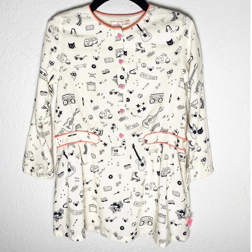 Billieblush Girl's Cream Dress Blue Music Festival Print Pink Buttons Trim Flowy